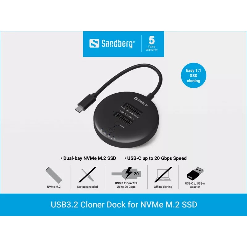 Sandberg USB3.2 Cloner Dock for NVMe M.2 SSD, must, 20 Gbit/s