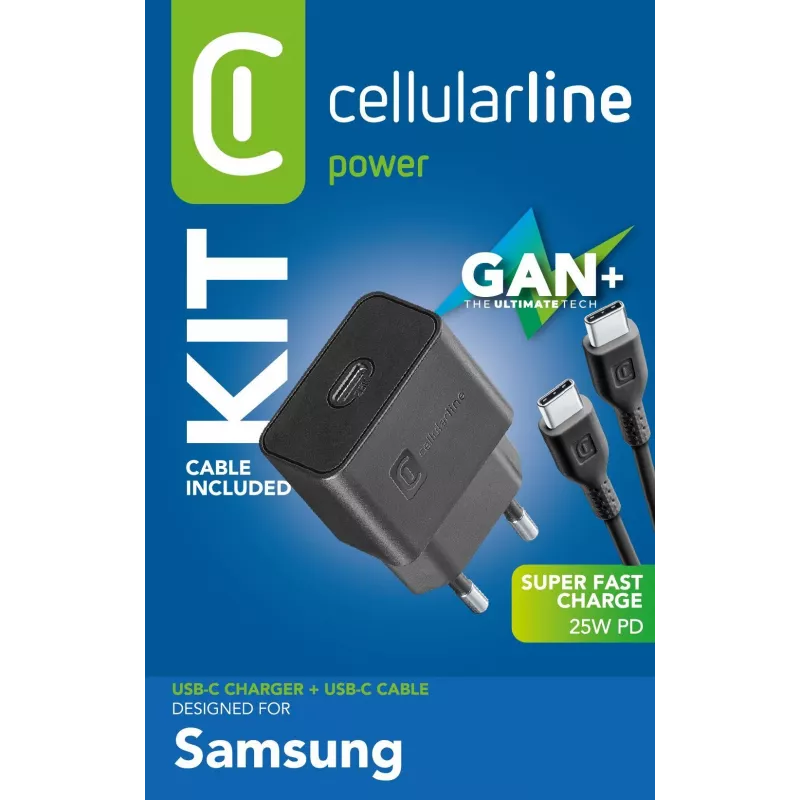 Cellularline ülikiire laadimiskomplekt 25W - USB-C USB-C-le - Samsung 25W ülikiire laadimise PD seinilaadija koos USB-C USB-C-le kaabliga