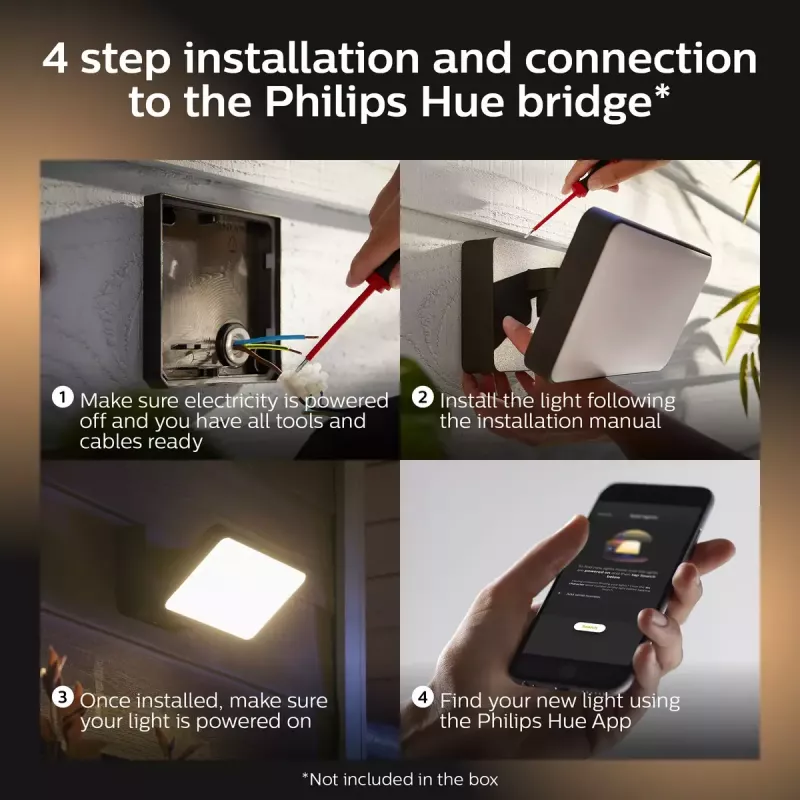 Välistingimustesse sobiv nutikas seinavalgusti Philips Hue Valge Welcome Floodlight, 20,5 W LED, sisend 220–240 V, 24 V valgusallikas, must, 160×220×153 mm