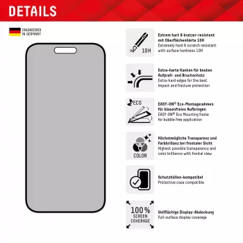 Displex Privaatsuskaitseklaas (10H) Apple iPhone 15/15 Pro jaoks, EASY-ON® Eco paigaldusraam, privaatsusfilter