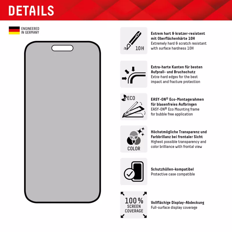 Displex Privaatsuskaitseklaas (10H) Apple iPhone 15/15 Pro jaoks, EASY-ON® Eco paigaldusraam, privaatsusfilter