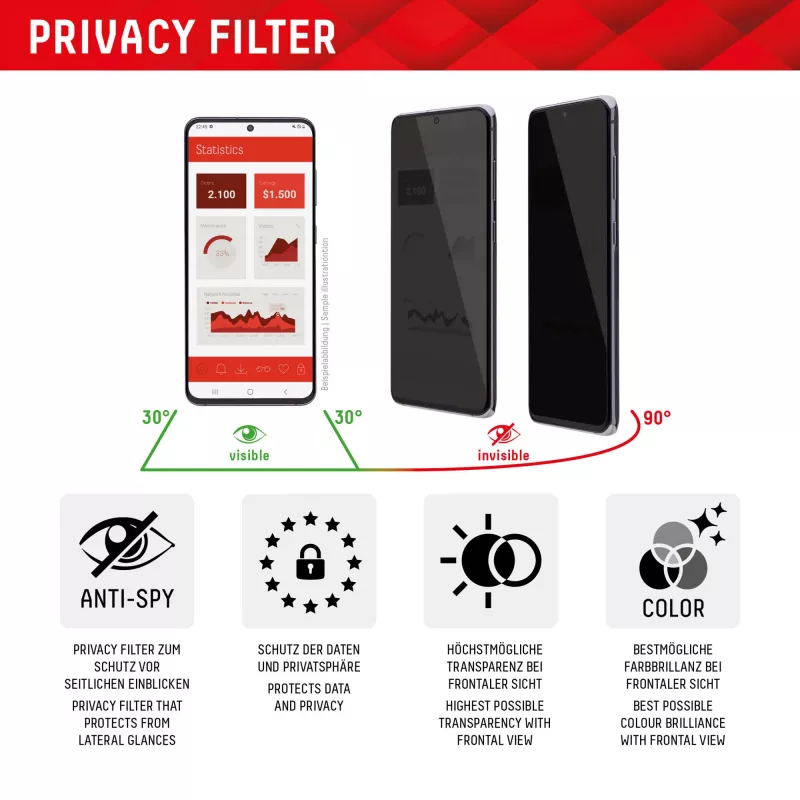 Displex Privaatsuskaitseklaas (10H) Apple iPhone 15/15 Pro jaoks, EASY-ON® Eco paigaldusraam, privaatsusfilter
