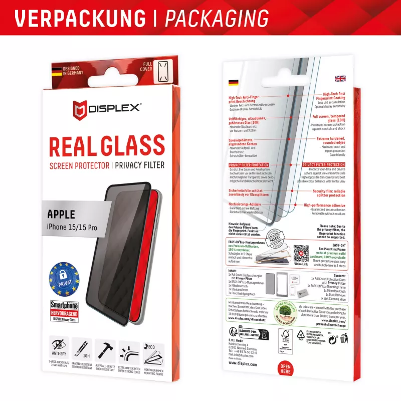 Displex Privaatsuskaitseklaas (10H) Apple iPhone 15/15 Pro jaoks, EASY-ON® Eco paigaldusraam, privaatsusfilter