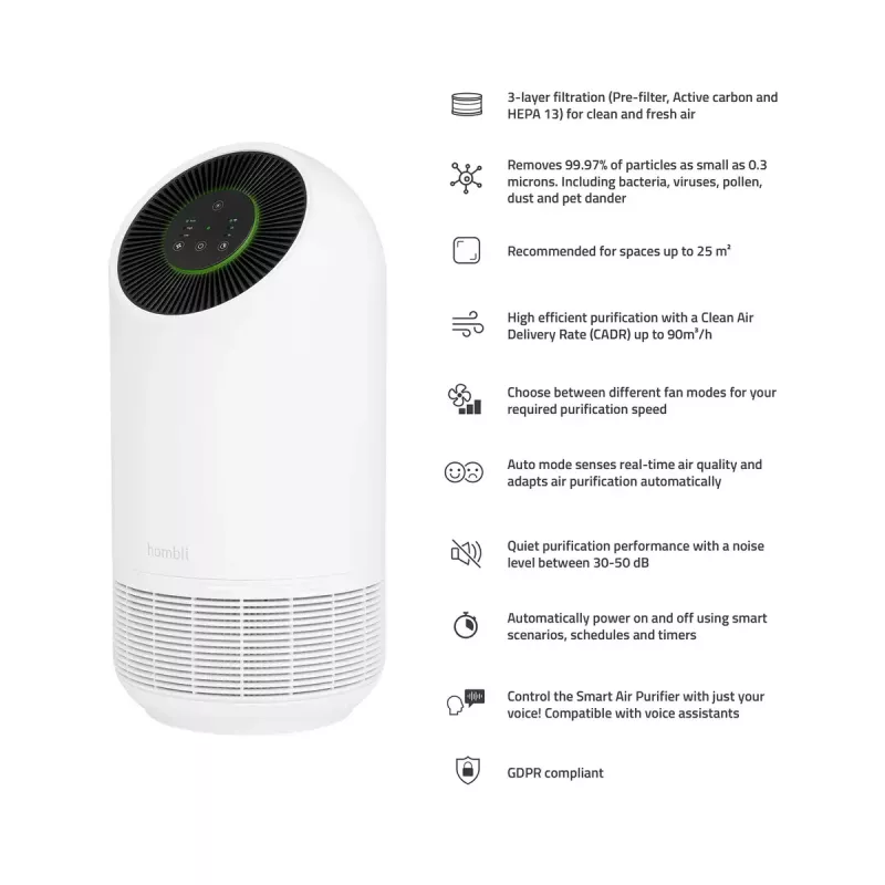 Õhupuhasti Hombli Smart Air Purifier, Avanca International BV, müratase 30 dB, saadaval valge ja mustana