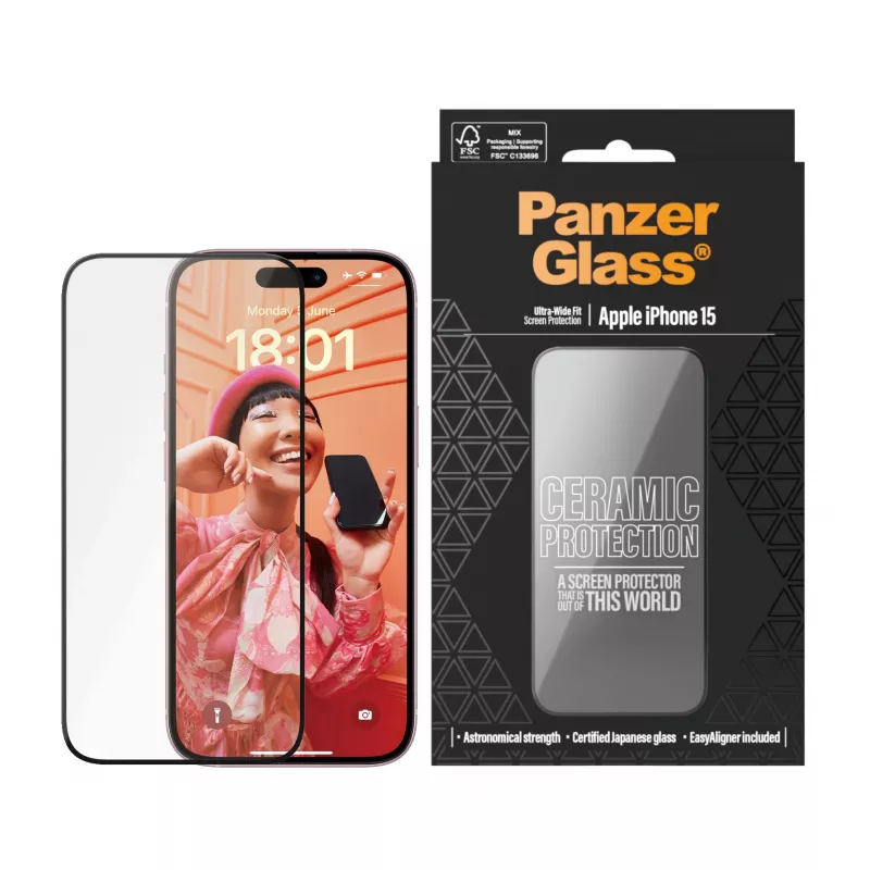 PanzerGlass Ceramic Protection iPhone 15 jaoks – ülilai sobivus, kriimustus- ja põrutuskindel