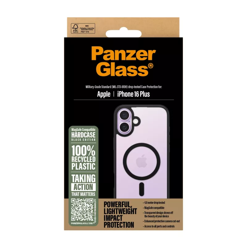 PanzerGlass ® HardCase läbipaistev musta MagSafe’i ja raamiga iPhone 16 Plus