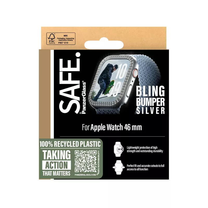 PanzerGlass SAFE. by ® Bling Bumper Silver Apple Watch Series 10 46mm läbipaistev