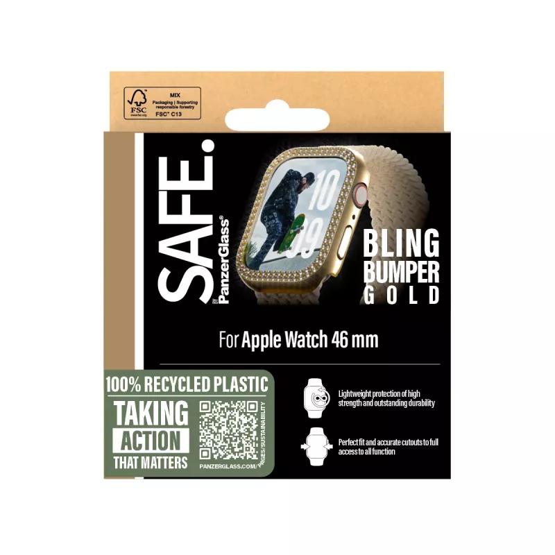 PanzerGlass SAFE. by ® Bling Bumper Gold Apple Watch Series 10 46mm Läbipaistev
