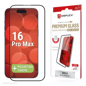 Displex Premium Anti-Reflex ekraanikaitse (peegeldusvastane täiskate, 10H) Apple iPhone 16 Pro Max jaoks, Eco paigaldusraam, täiskate