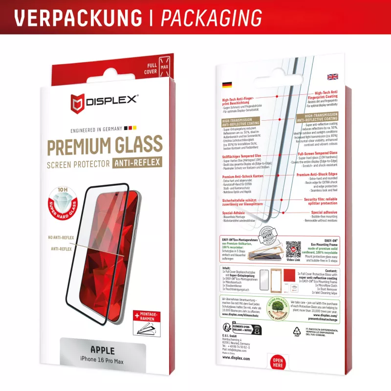 Displex Premium Anti-Reflex ekraanikaitse (peegeldusvastane täiskate, 10H) Apple iPhone 16 Pro Max jaoks, Eco paigaldusraam, täiskate