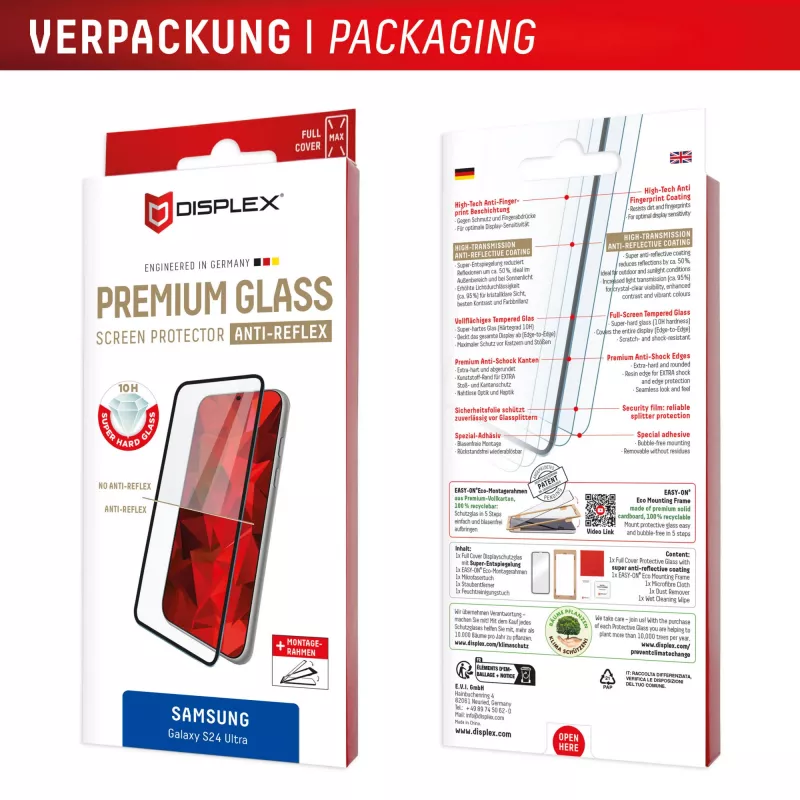 Displex Premium Anti-Reflex ekraanikaitse (peegeldusvastane täiskate, 10H) Samsung Galaxy S24 Ultra jaoks, Eco paigaldusraam, täiskate
