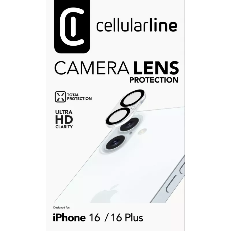 Cellularline kaameraobjektiivi kaitse - iPhone 16 läbipaistev kriimustus- ja põrutuskindel kaitse