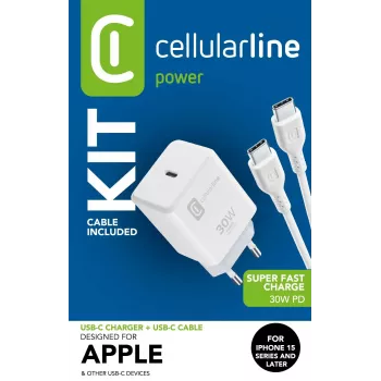 Cellularline USB-C LAADIMISKOMPLEKT USB-C 30W USB-C laadimiskomplekt 30W – iPhone 15 seeria