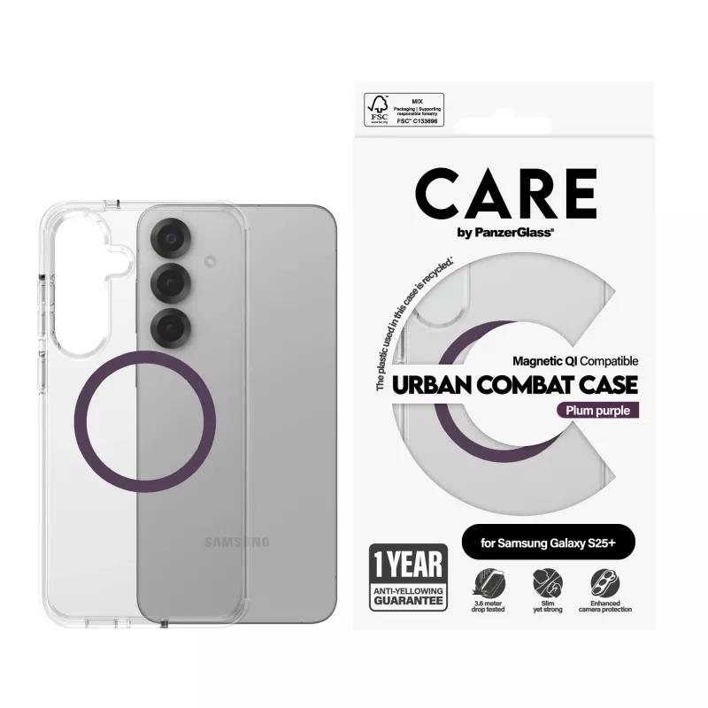 PanzerGlass CARE Urban Combat läbipaistev kaitseümbris Plum Purple Qi Samsung Galaxy S25+