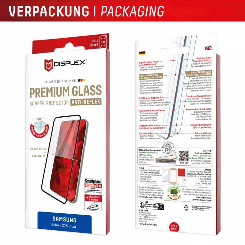 Displex Premium ekraanikaitseklaas (täiskattega, 10H) Samsung Galaxy S25 Ultra jaoks, Eco paigaldusraam, täiskate