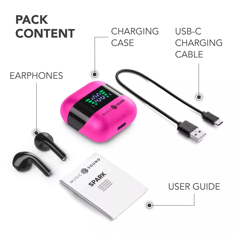 Music Sound SPARK kõrvaklapid TWS LED-ekraaniga, True Wireless Stereo (TWS), kõned/muusika, 66 g, peakomplekt, roosa