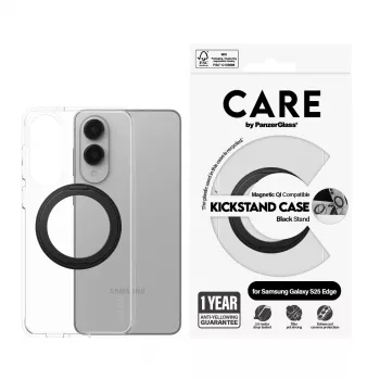 PanzerGlass CARE läbipaistev ümbris musta tugijalaga ja Qi toega Samsung Galaxy S25 Edge