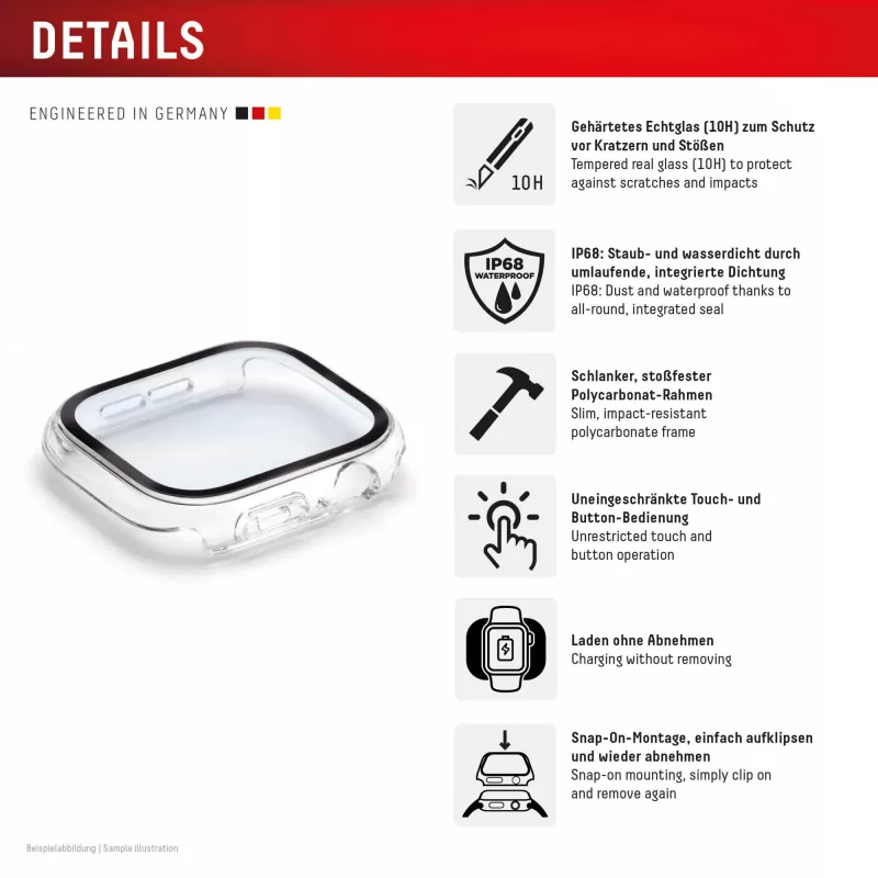 Displex 10H karastatud klaas Apple Watch 9/8/7 jaoks (41mm), täiskorpuse kate, IP68, klõpsatav, läbipaistev