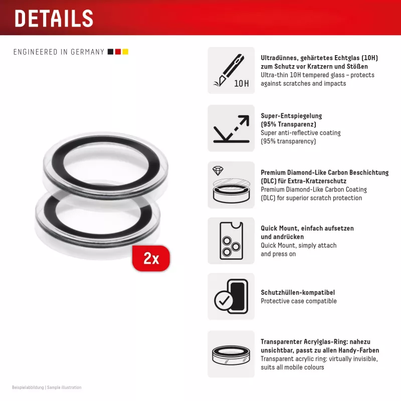 Displex Premium Camera Lens Glass, iPhone 16e/17e, 2-Pack, 10H, Single Rings, DLC, transparent, Quick Mount