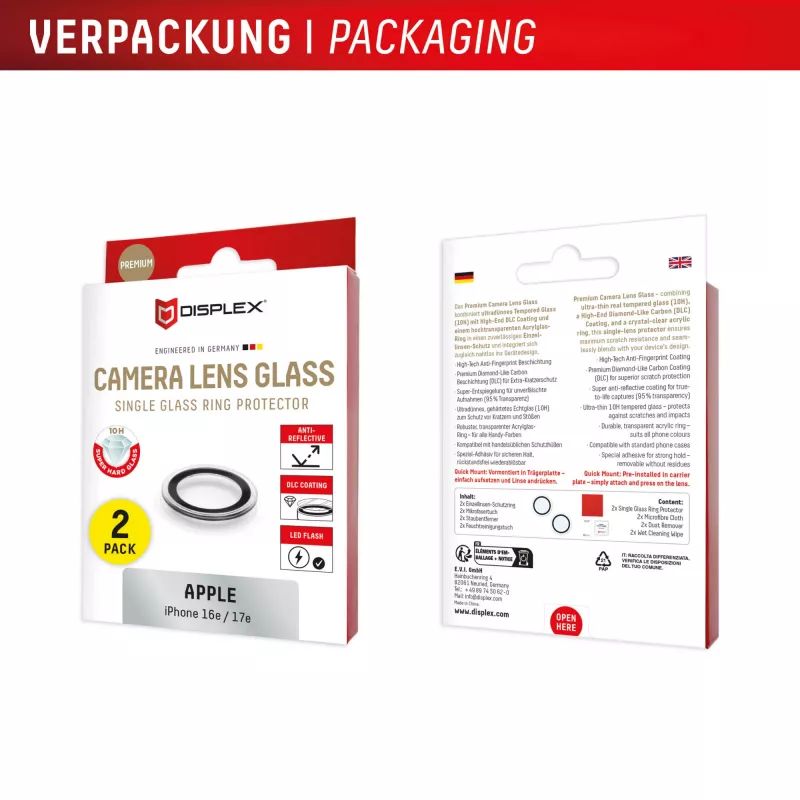 Displex Premium Camera Lens Glass, iPhone 16e/17e, 2-Pack, 10H, Single Rings, DLC, transparent, Quick Mount
