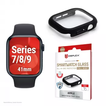 PanzerGlass Displex 10H karastatud klaasist täiskorpuse ümbris Apple Watch 41 mm (Series 9/8/7), IP68, snap-on, must matt