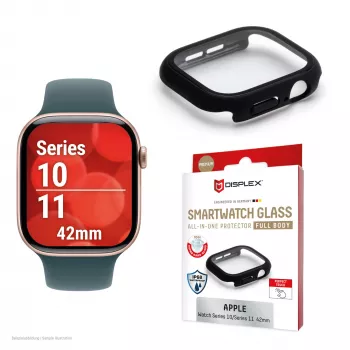 Displex 10H karastatud klaas Apple Watch 11/10 (42mm) jaoks, täiskorpuse ümbris, IP68, klõpsatav, must matt
