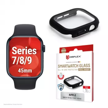 Displex 10H karastatud klaas Apple Watch 9/8/7 (45mm), täiskere ümbris, IP68, klõpsatav, must matt