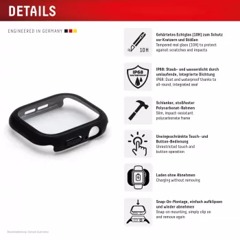 Displex 10H karastatud klaas Apple Watch 9/8/7 (45mm), täiskere ümbris, IP68, klõpsatav, must matt