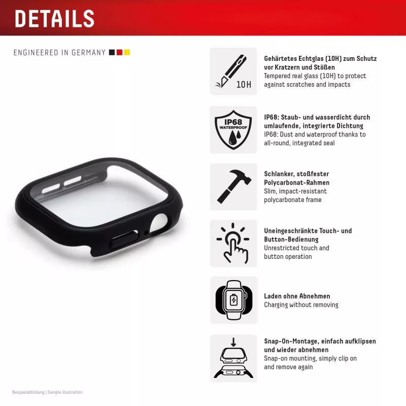 Displex 10H karastatud klaas Apple Watch 9/8/7 (45mm), täiskere ümbris, IP68, klõpsatav, must matt