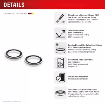 Displex Premium Camera Lens Glass, iPhone 15/15 Plus, 10H, Single Rings, DLC, transparent, Quick Mount