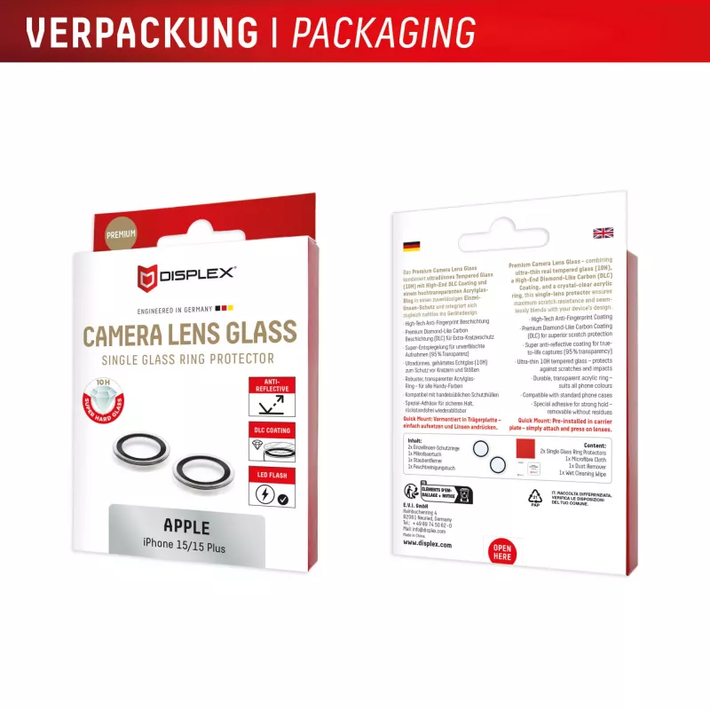 Displex Premium Camera Lens Glass, iPhone 15/15 Plus, 10H, Single Rings, DLC, transparent, Quick Mount