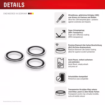 Displex Premium Camera Lens Glass, iPhone 15 Pro/15 Pro Max, 10H, Single Rings, DLC, transparent, Quick Mount