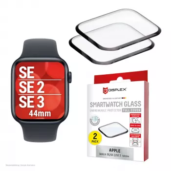 Displex purunematu täiskattega tark klaas Apple Watch SE3/SE2/SE (44 mm), 2 tk, üliõhuke, äärest ääreni, ökokinnitus