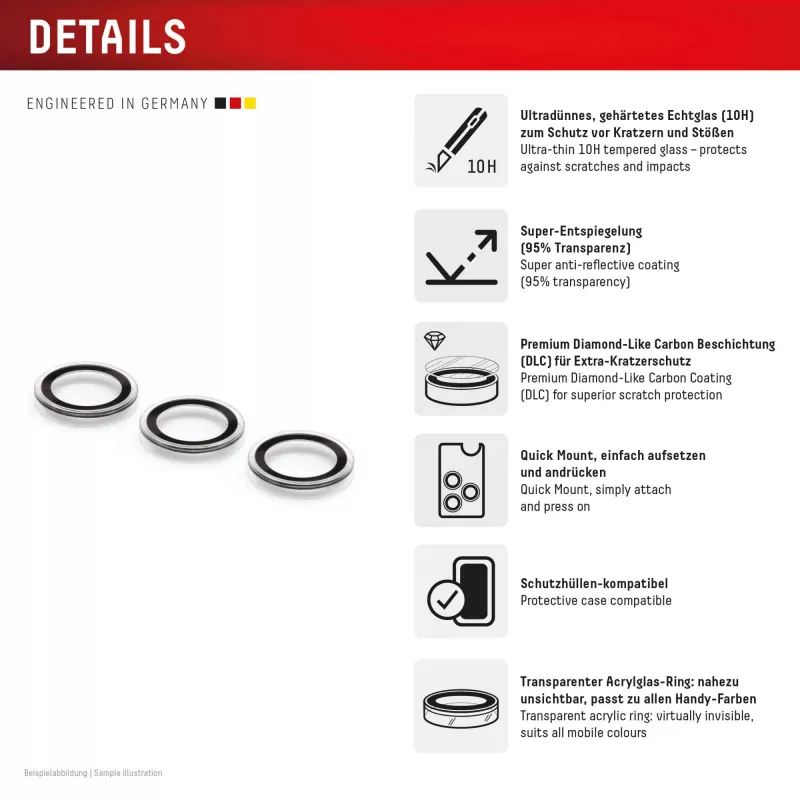 Displex Premium Camera Lens Glass, Samsung Galaxy S25+, 10H, Single Rings, DLC, transparent, Quick Mount