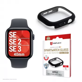 Ekraanikaitse PanzerGlass Displex 10H Apple Watch SE3/SE2/SE (40mm) — Täiskorpuse, IP68, klõpsatav, must matt