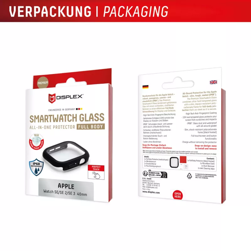 Ekraanikaitse PanzerGlass Displex 10H Apple Watch SE3/SE2/SE (40mm) — Täiskorpuse, IP68, klõpsatav, must matt