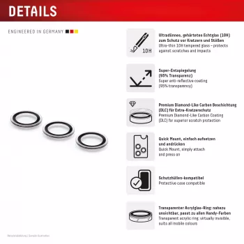 Displex Premium Camera Lens Glass, Samsung Galaxy S25, 10H, Single Rings, DLC, transparent, Quick Mount