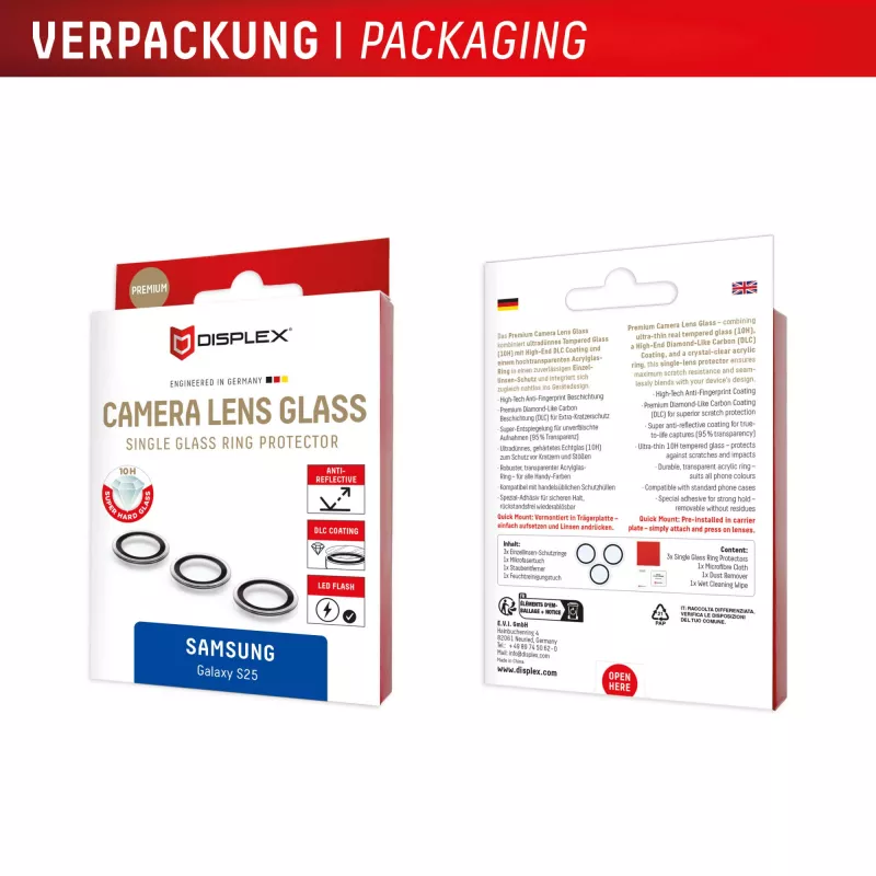 Displex Premium Camera Lens Glass, Samsung Galaxy S25, 10H, Single Rings, DLC, transparent, Quick Mount