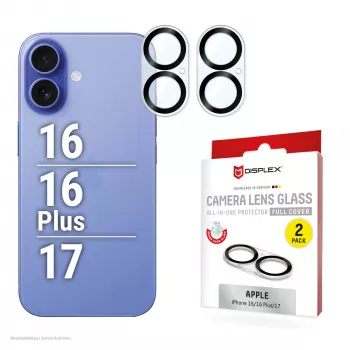 Displex Full Cover Camera Lens Glass iPhone 16/16 Plus/17, 10H, täiskaamera kaitsja, kiirkinnitus, 2 tk
