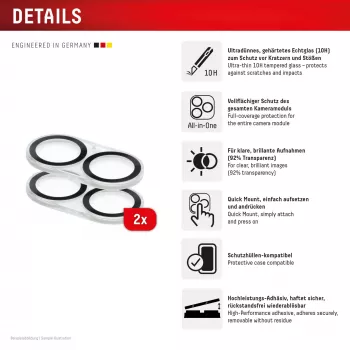 Displex Full Cover Camera Lens Glass iPhone 16/16 Plus/17, 10H, täiskaamera kaitsja, kiirkinnitus, 2 tk