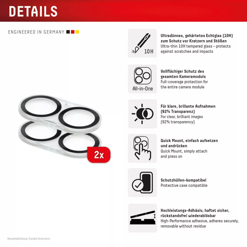 Displex Full Cover Camera Lens Glass iPhone 16/16 Plus/17, 10H, täiskaamera kaitsja, kiirkinnitus, 2 tk
