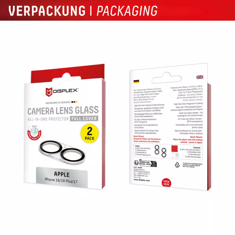 Displex Full Cover Camera Lens Glass iPhone 16/16 Plus/17, 10H, täiskaamera kaitsja, kiirkinnitus, 2 tk