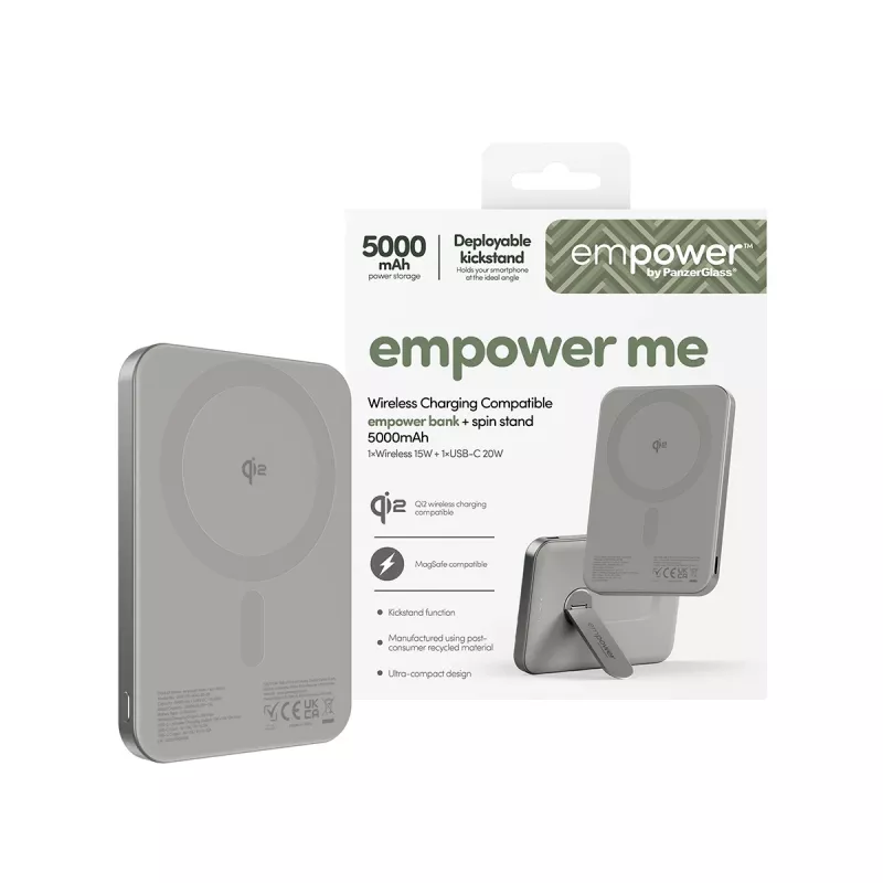 Akupank PanzerGlass empower by empower Bank w. Spin Stand 5000mAh titaan
