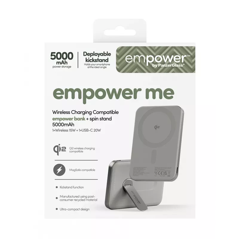 Akupank PanzerGlass empower by empower Bank w. Spin Stand 5000mAh titaan