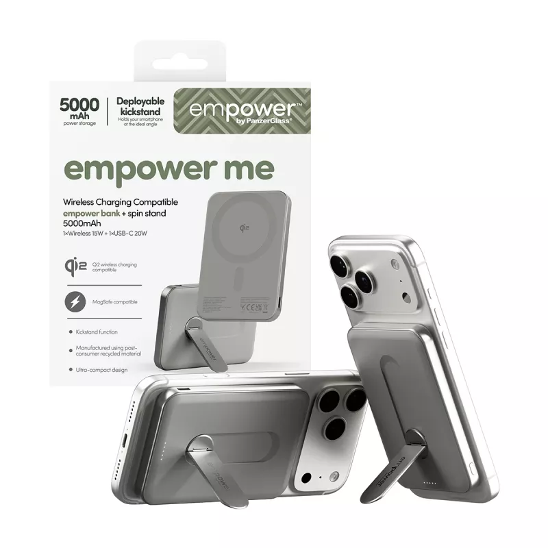 Akupank PanzerGlass empower by empower Bank w. Spin Stand 5000mAh titaan