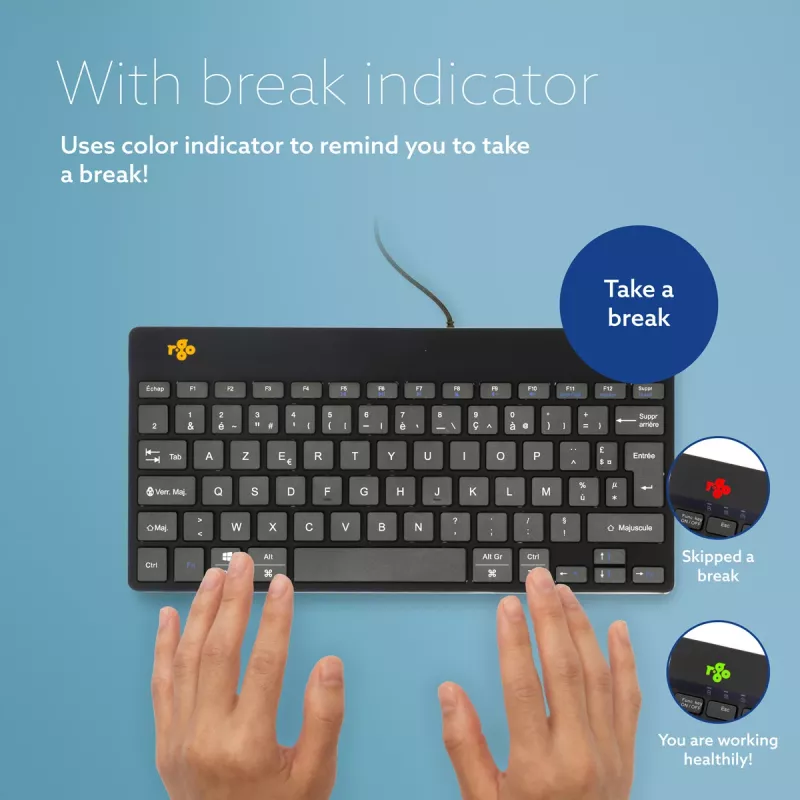 R-Go Tools Ergonoomiline klaviatuur R-Go Compact Break, kompaktklaviatuur pausitarkvaraga, AZERTY (FR), juhtmega, must