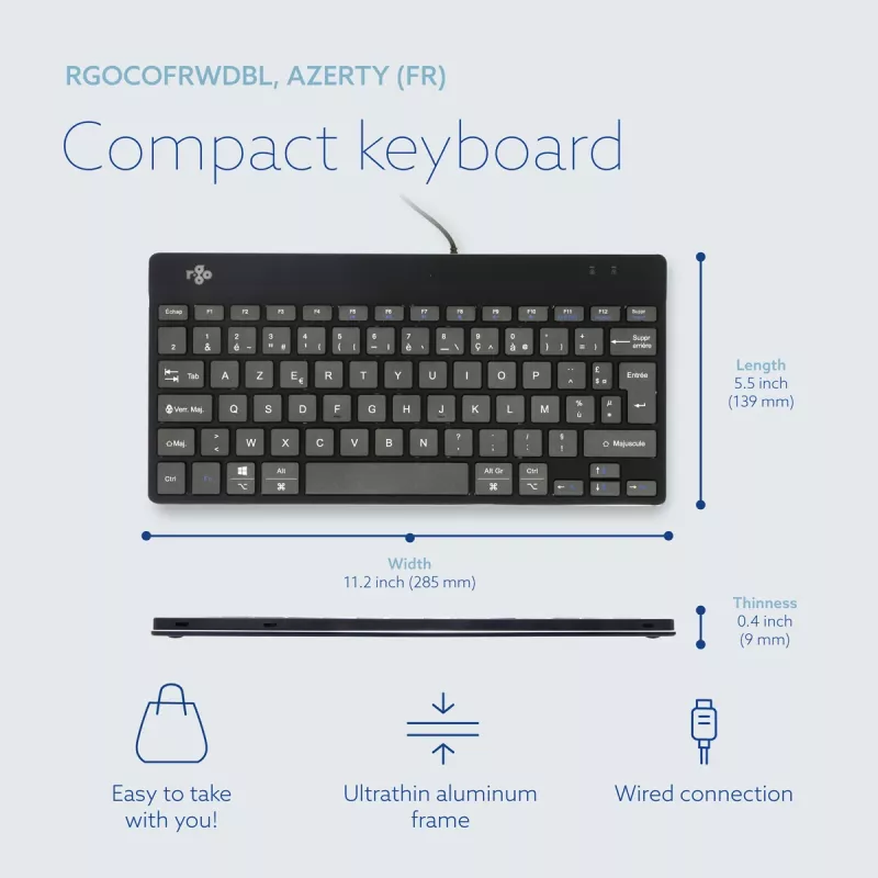 R-Go Tools Ergonoomiline klaviatuur R-Go Compact Break, kompaktklaviatuur pausitarkvaraga, AZERTY (FR), juhtmega, must