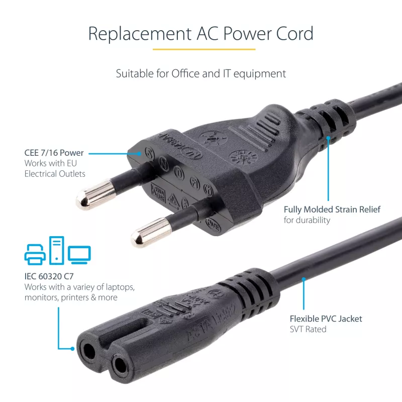 StarTech.com 3m sülearvuti toitekaabel, EU-pistik C7-pessa, 2,5 A 250 V, 18AWG, sülearvuti asenduskaabel, printeri toitekaabel, sülearvuti laadimiskaabel, sülearvuti toiteadapteri kaabel, must