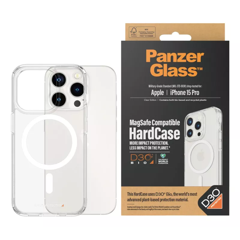 PanzerGlass ® HardCase Transparent w. Valge MagSafe & D3O® iPhone 15 Pro