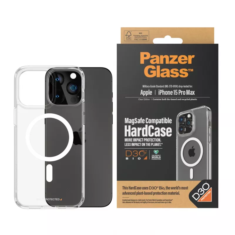 PanzerGlass ® HardCase läbipaistev valge MagSafe ja D3O®-ga iPhone 15 Pro Max